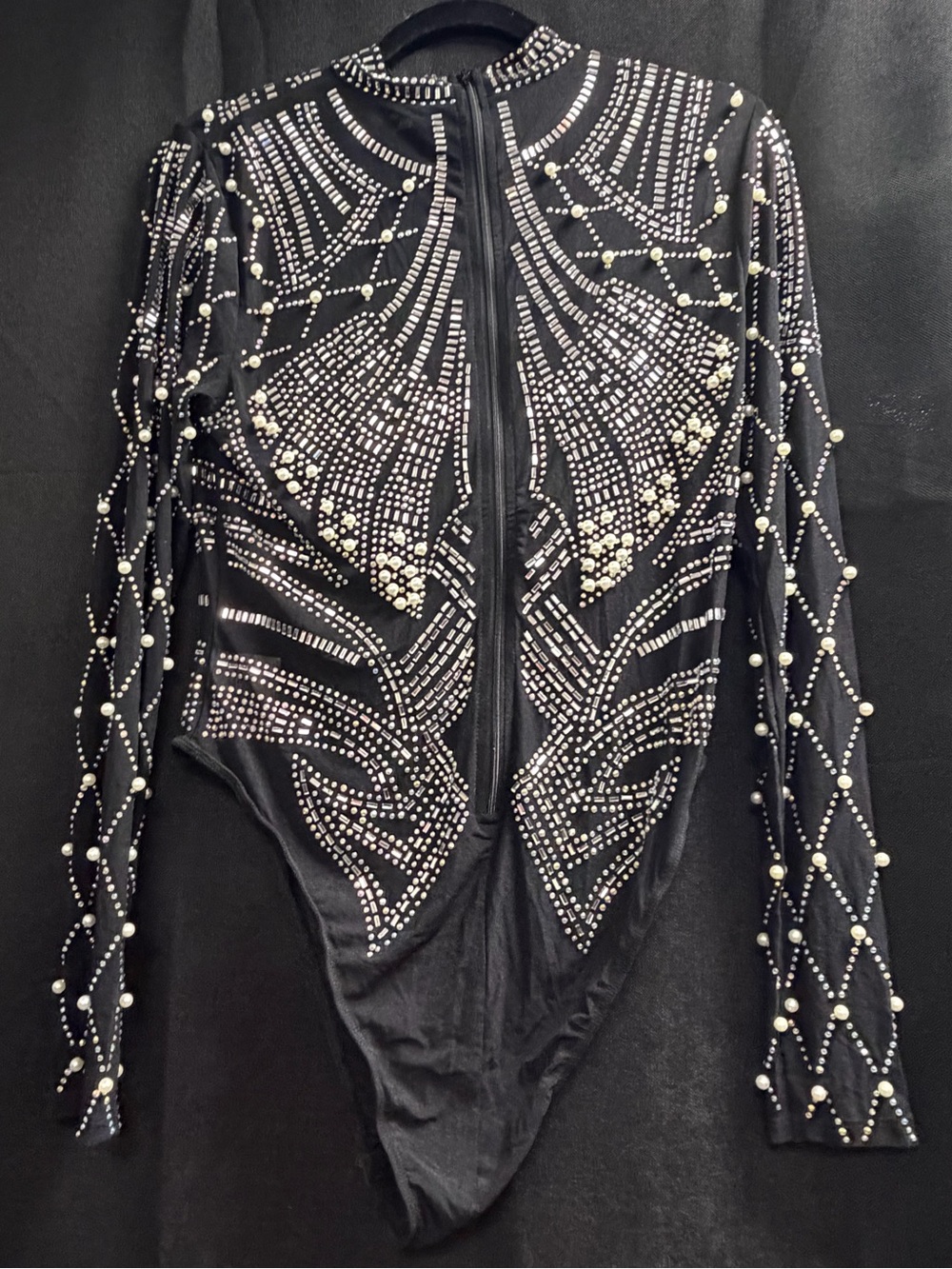 Fashion Nova Black Embellished Pearl & Crystal Long-Sleeve Bodysuit - Picture 2 of 4